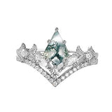 Sterling Silver Personalized Engraved 10K 14K 18K Gold Kite Moss Agate Bridal Promise Wedding Ring Set