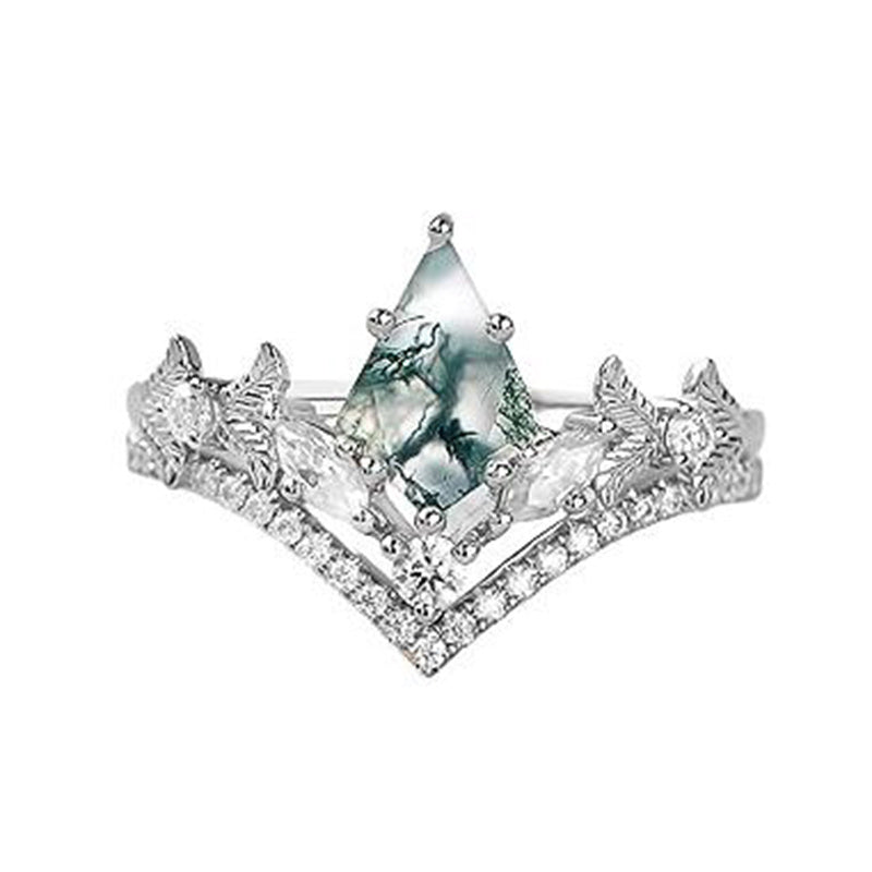 Sterling Silver Personalized Engraved 10K 14K 18K Gold Kite Moss Agate Bridal Promise Wedding Ring Set