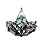 Sterling Silver Personalized Engraved 10K 14K 18K Gold Kite Moss Agate Bridal Promise Wedding Ring Set