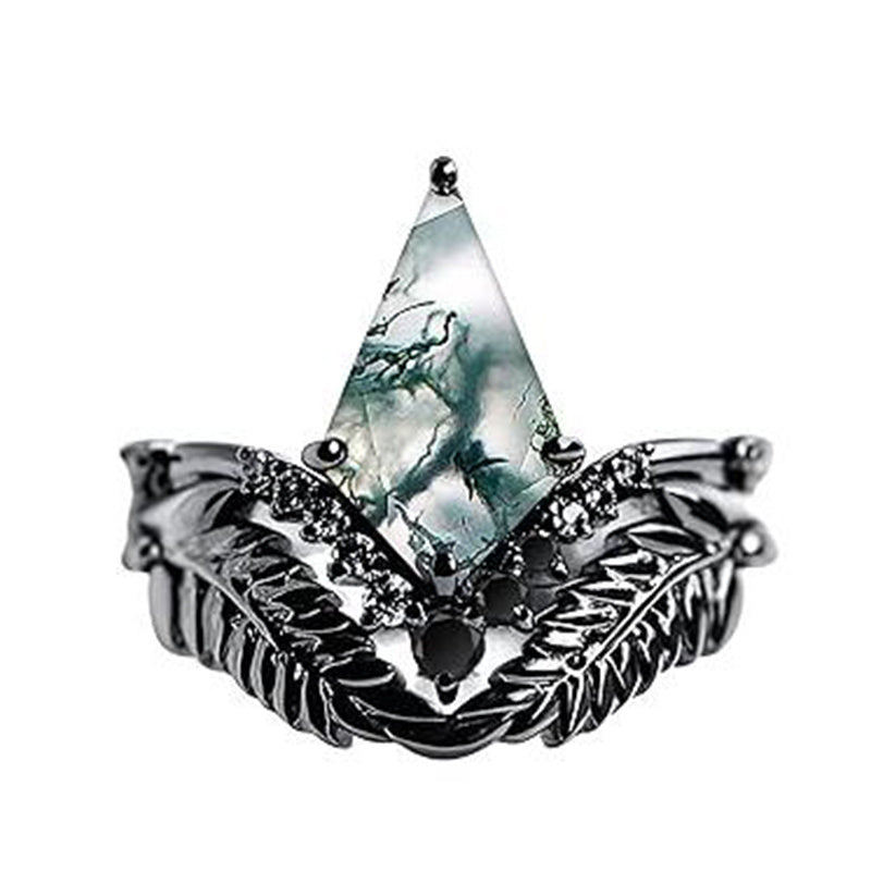 Sterling Silver Personalized Engraved 10K 14K 18K Gold Kite Moss Agate Bridal Promise Wedding Ring Set