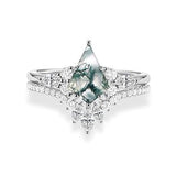 Sterling Silver Personalized Engraved 10K 14K 18K Gold Kite Moss Agate Bridal Promise Wedding Ring Set