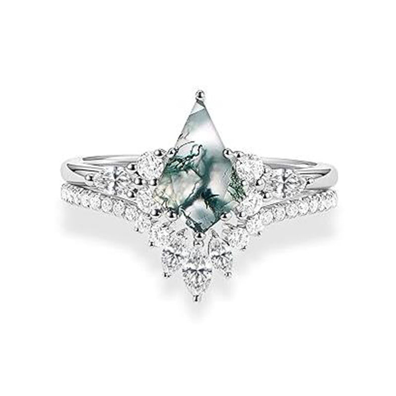 Sterling Silver Personalized Engraved 10K 14K 18K Gold Kite Moss Agate Bridal Promise Wedding Ring Set