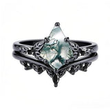 Sterling Silver Personalized Engraved 10K 14K 18K Gold Kite Moss Agate Bridal Promise Wedding Ring Set