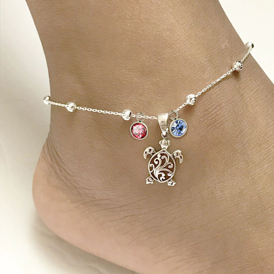 Sterling Silver Personalized Filigree Turtle Orca Whale Single Layer Anklet Bracelet