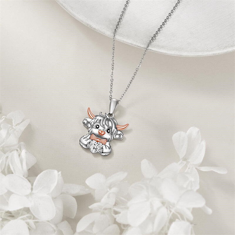 Sterling Silver Heart Birthstone Highland Cow Pendant Necklace