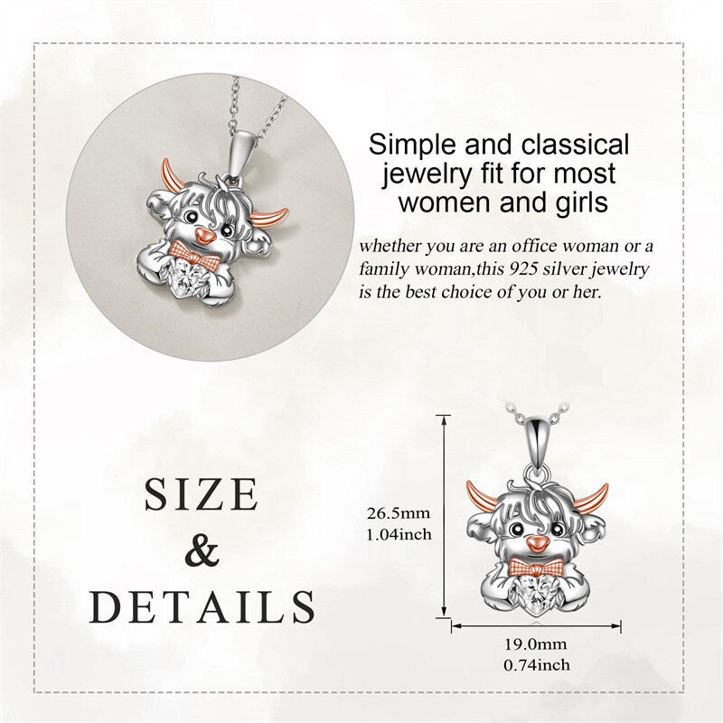 Sterling Silver Heart Birthstone Highland Cow Pendant Necklace