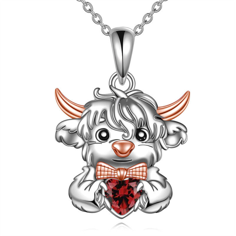 Sterling Silver Heart Birthstone Highland Cow Pendant Necklace