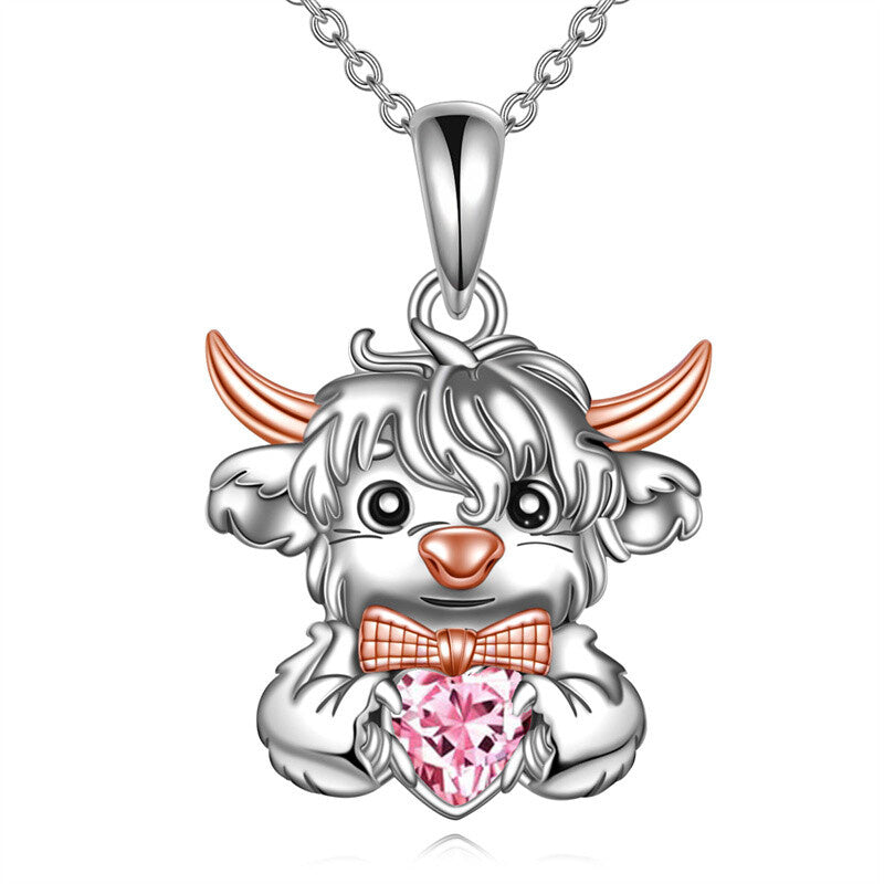 Sterling Silver Heart Birthstone Highland Cow Pendant Necklace
