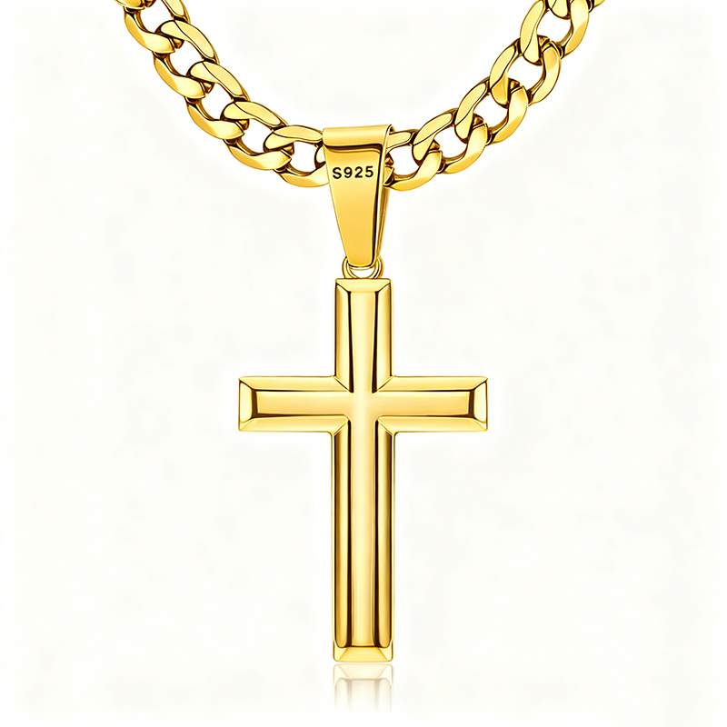 Sterling Silver Cross Pendant Necklace with 5mm Stainless Steel  Cuban Link Chain