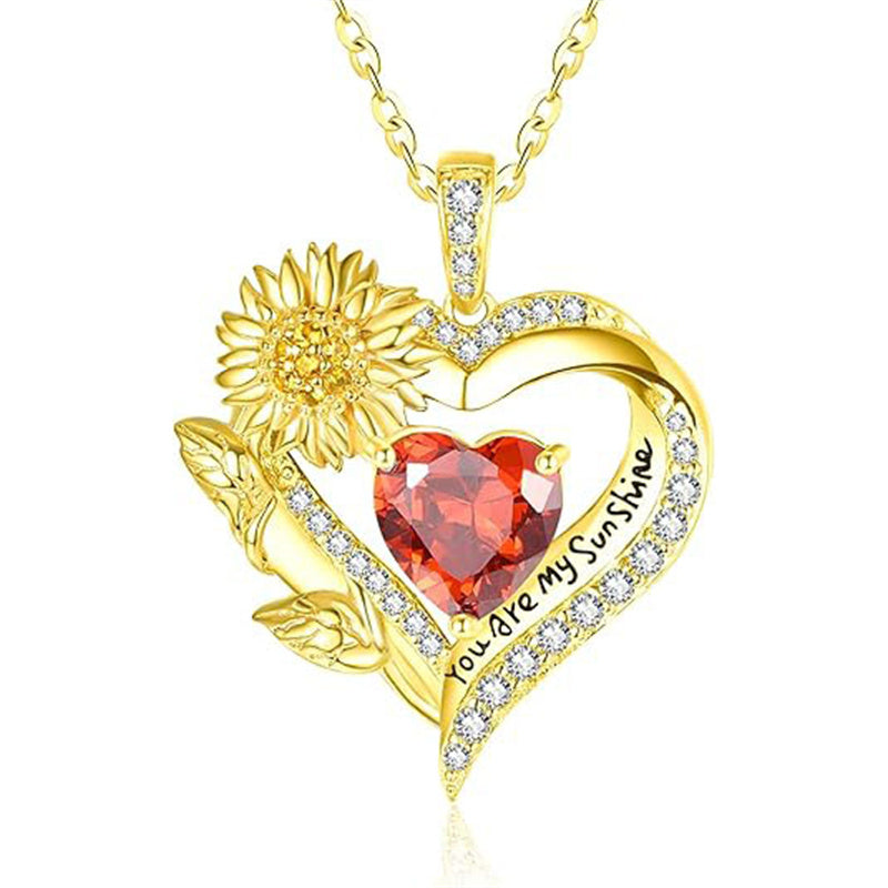 Sterling Sliver Birthstone Love Heart & Sunflower Pendant Necklace Engraved With You Are My Sunshine