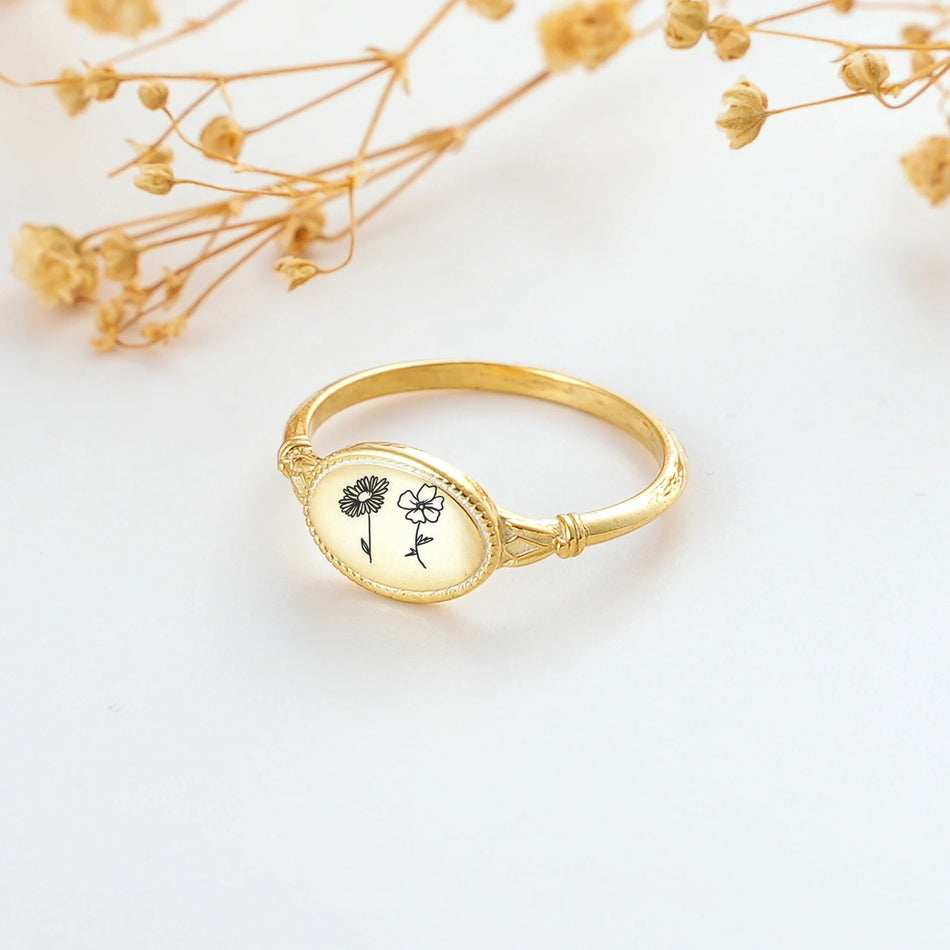 Sterling Silver Personalized Birth Flower Ring Wildflower Nature Ring