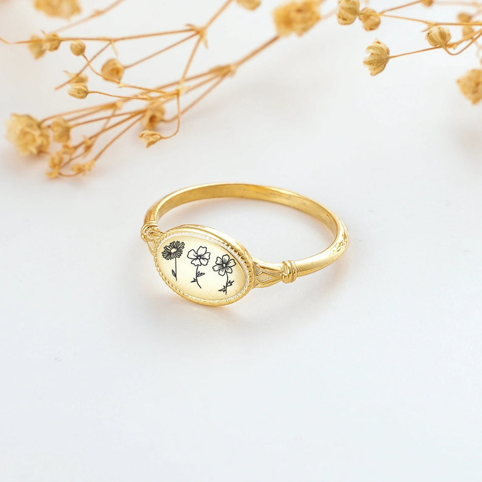Sterling Silver Personalized Birth Flower Ring Wildflower Nature Ring