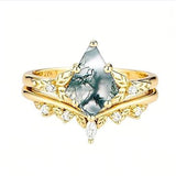 Sterling Silver Personalized Engraved 10K 14K 18K Gold Kite Moss Agate Bridal Promise Wedding Ring Set