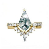 Sterling Silver Personalized Engraved 10K 14K 18K Gold Kite Moss Agate Bridal Promise Wedding Ring Set