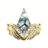 Sterling Silver Personalized Engraved 10K 14K 18K Gold Kite Moss Agate Bridal Promise Wedding Ring Set