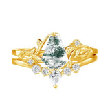 Sterling Silver Personalized Engraved Moss Agate Bridal Wedding Promise Engagement Ring Set for Women