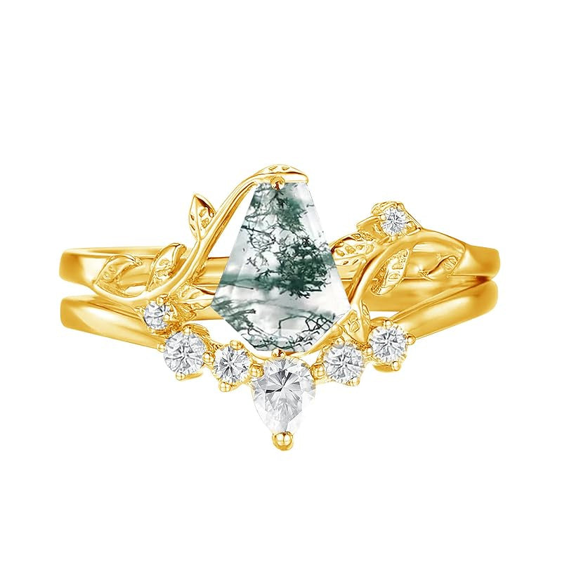 Sterling Silver Personalized Engraved Moss Agate Bridal Wedding Promise Engagement Ring Set for Women