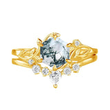 Sterling Silver Personalized Engraved Moss Agate Bridal Wedding Promise Engagement Ring Set for Women