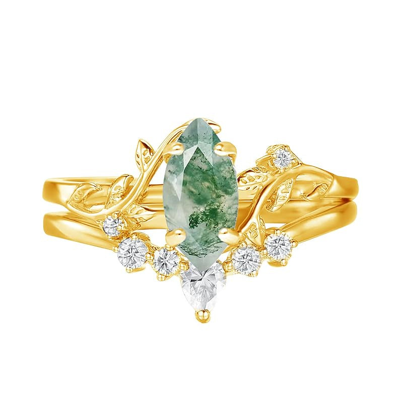 Sterling Silver Personalized Engraved Moss Agate Bridal Wedding Promise Engagement Ring Set for Women