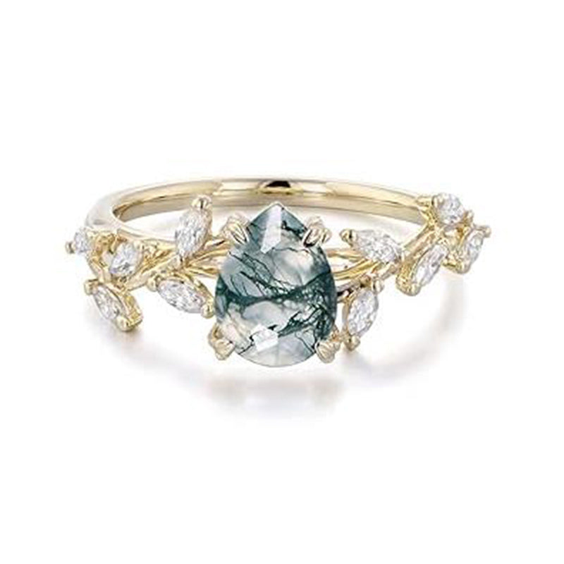 Sterling Silver 10K 14K 18K 2CT Natural Moss Agate Leaf Engagement Wedding Promise Rings Set