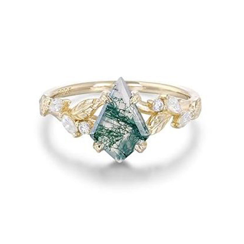 Sterling Silver 10K 14K 18K 2CT Natural Moss Agate Leaf Engagement Wedding Promise Rings Set