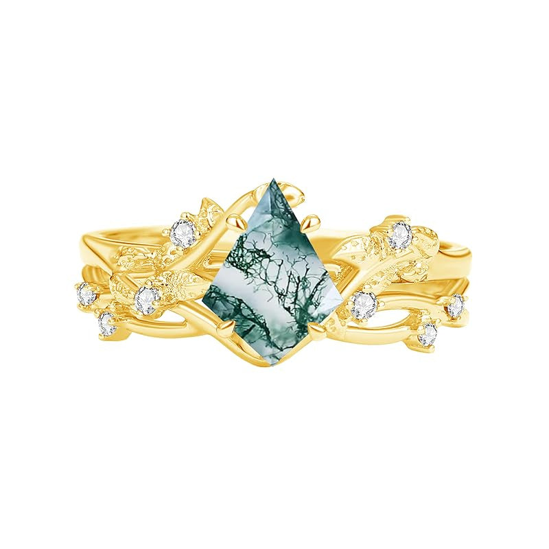 Sterling Silver Personalized Engraved Moss Agate Bridal Wedding Promise Engagement Ring Set for Women