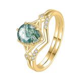 Sterling Silver Personalized Engraved Moss Agate Bridal Wedding Promise Engagement Ring Set for Women