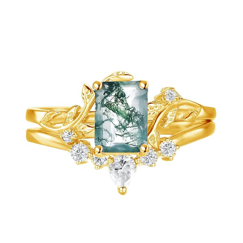 Sterling Silver Personalized Engraved Moss Agate Bridal Wedding Promise Engagement Ring Set for Women