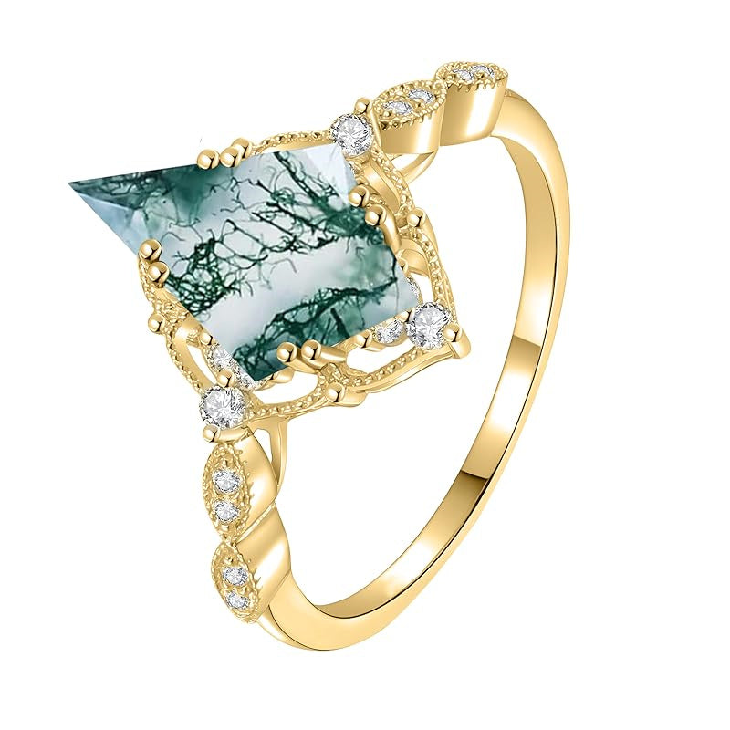 Sterling Silver Personalized Engraved Black Moss Agate Bridal Wedding Promise Engagement Ring for Women