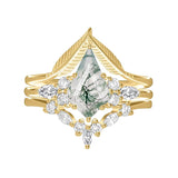 Sterling Silver Personalized Engraved Moss Agate Bridal Wedding Promise Engagement Ring Set for Women