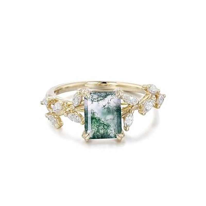 Sterling Silver 10K 14K 18K 2CT Natural Moss Agate Leaf Engagement Wedding Promise Rings Set