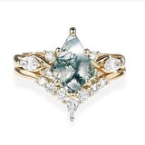 Sterling Silver Personalized Engraved 10K 14K 18K Gold Kite Moss Agate Bridal Promise Wedding Ring Set