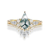 Sterling Silver Personalized Engraved 10K 14K 18K Gold Kite Moss Agate Bridal Promise Wedding Ring Set