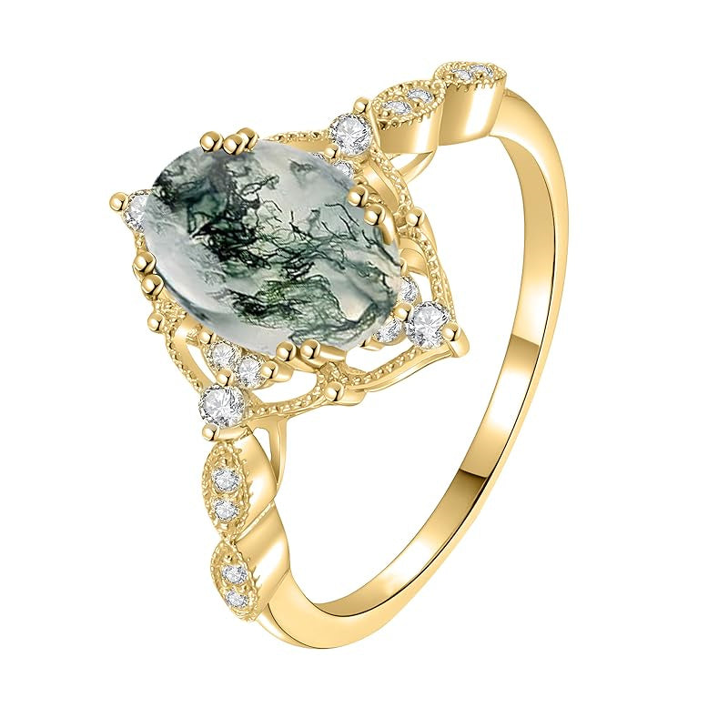 Sterling Silver Personalized Engraved Black Moss Agate Bridal Wedding Promise Engagement Ring for Women