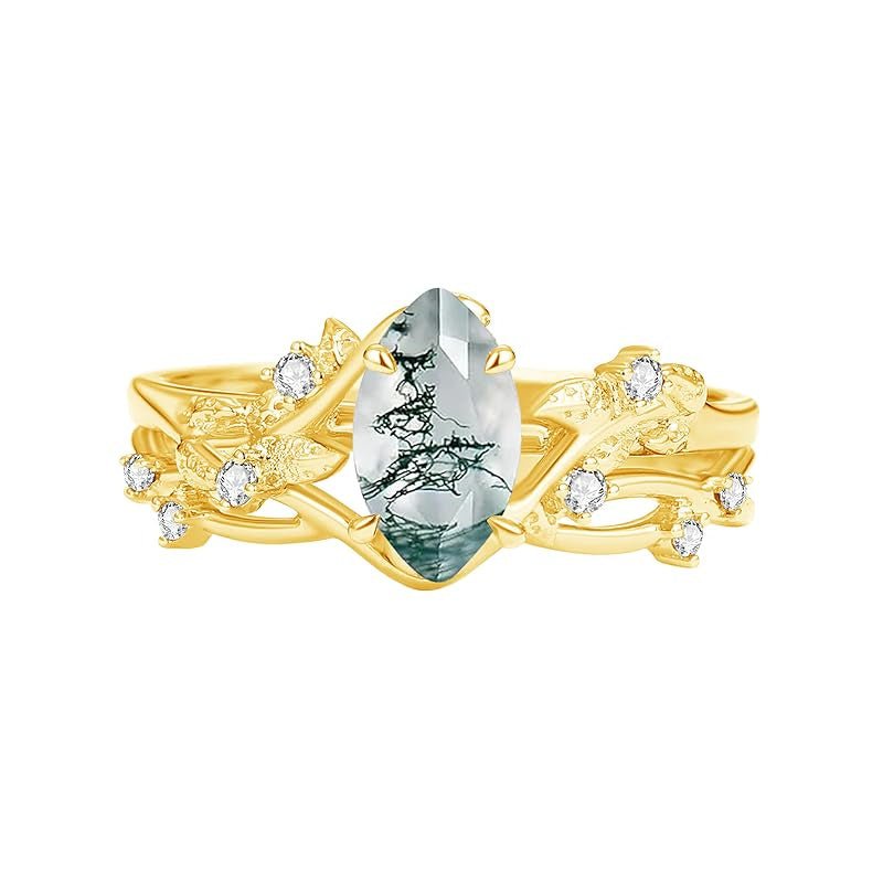 Sterling Silver Personalized Engraved Moss Agate Bridal Wedding Promise Engagement Ring Set for Women