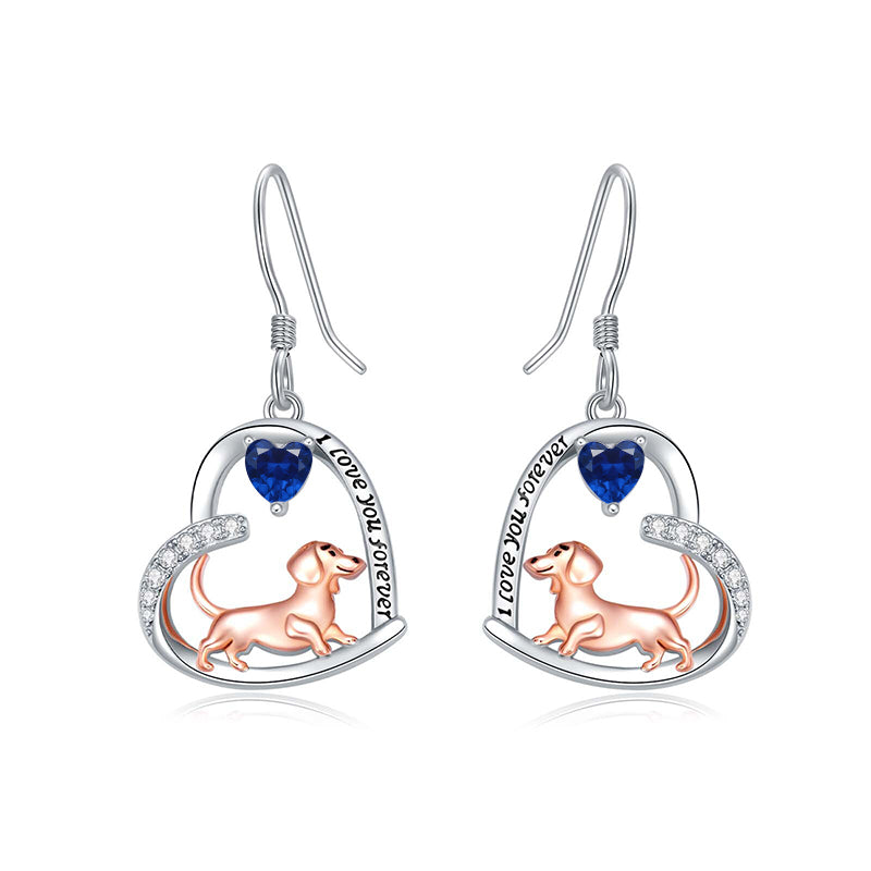 Sterling Silver Birthstone Dachshund Dangle Earrings