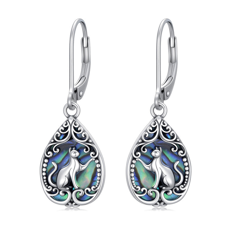 Sterling Silver Abalone Shell Filigree Cat Leverback Earrings 