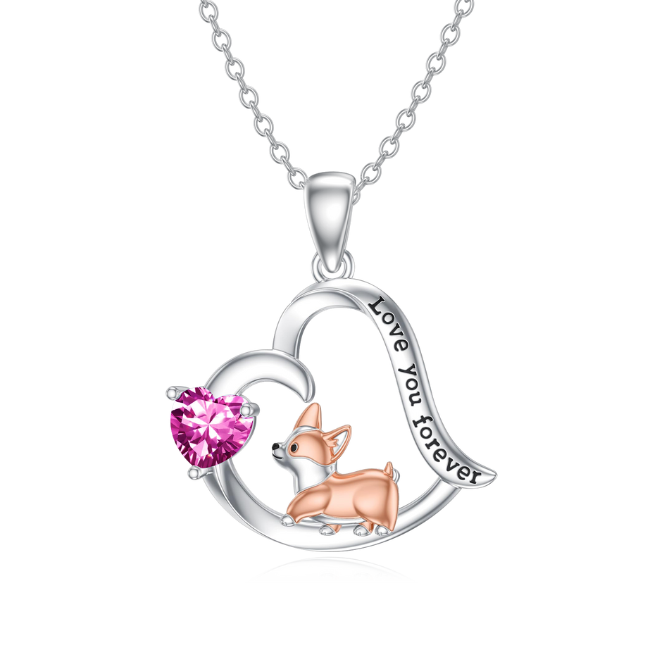 Sterling Silver Birthstone Corgi Pendant Necklace