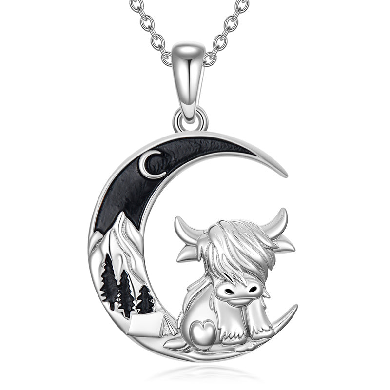 Sterling Silver Mountain Highland Cow Pendant Necklace