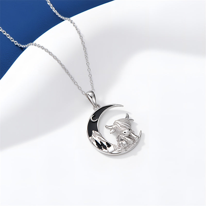 Sterling Silver Mountain Highland Cow Pendant Necklace