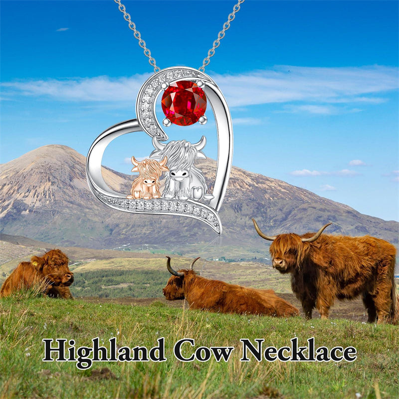 Sterling Silver Birthstone Two Highland Cow Pendant Necklace