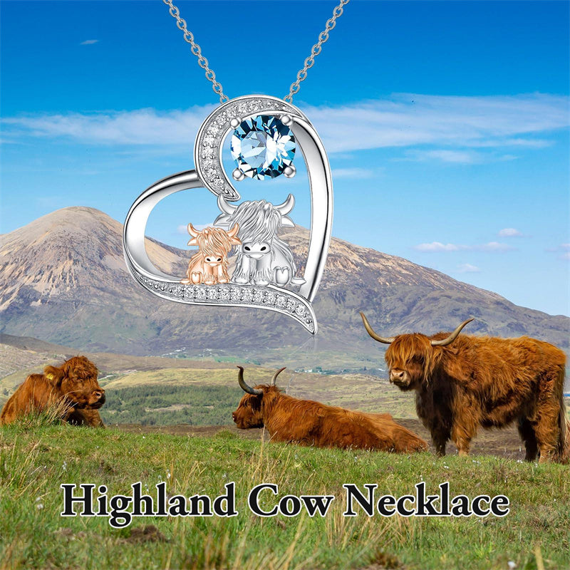 Sterling Silver Birthstone Two Highland Cow Pendant Necklace