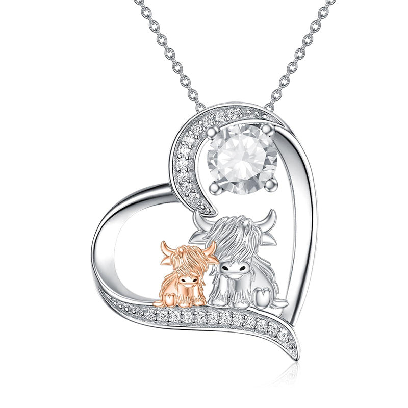 Sterling Silver Birthstone Two Highland Cow Pendant Necklace