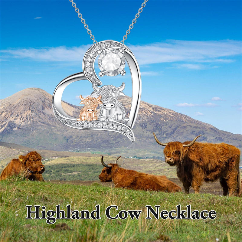 Sterling Silver Birthstone Two Highland Cow Pendant Necklace