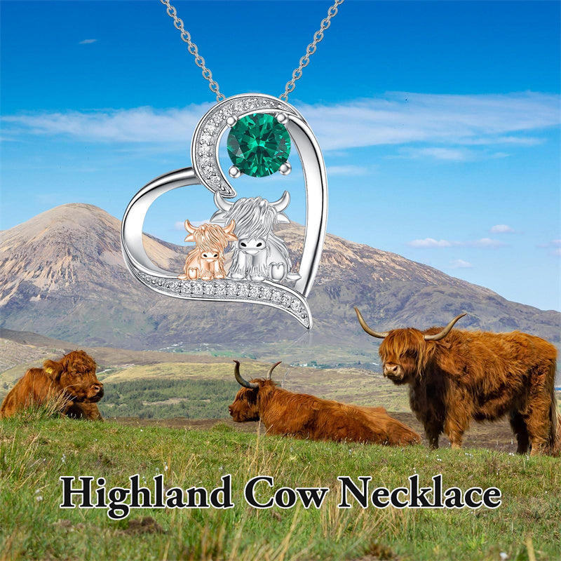 Sterling Silver Birthstone Two Highland Cow Pendant Necklace