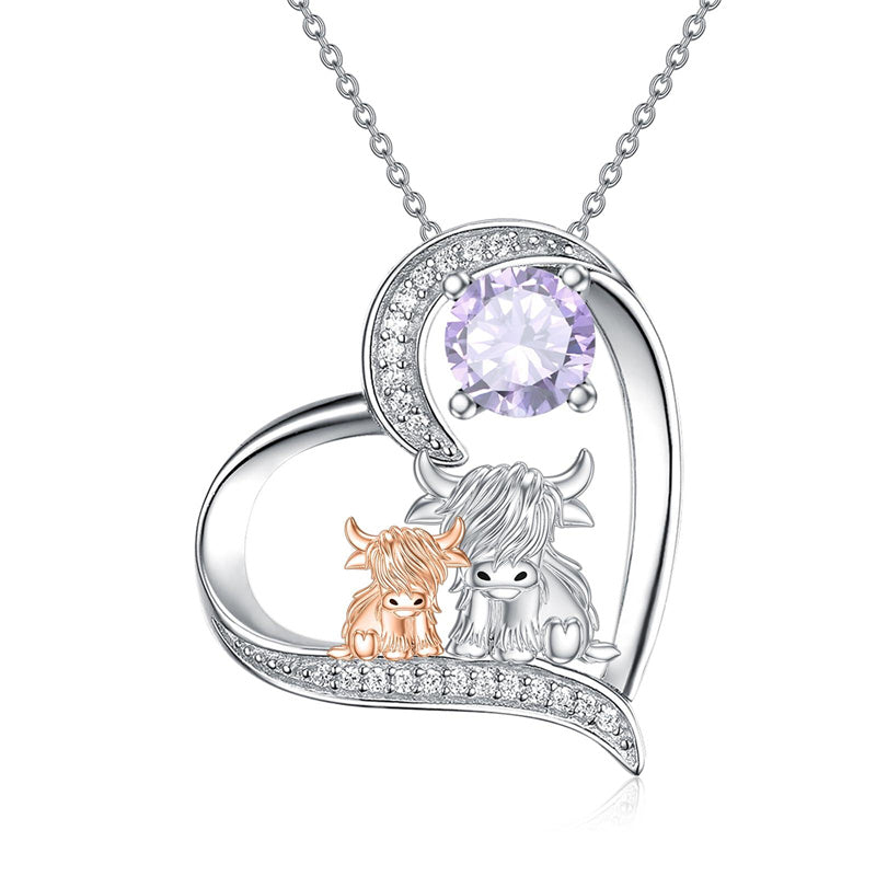Sterling Silver Birthstone Two Highland Cow Pendant Necklace