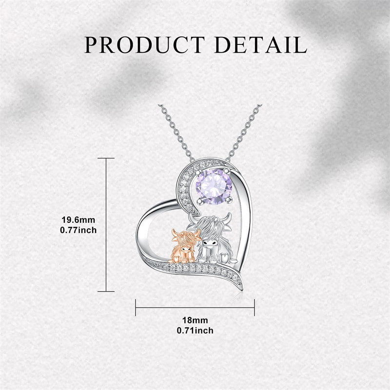 Sterling Silver Birthstone Two Highland Cow Pendant Necklace
