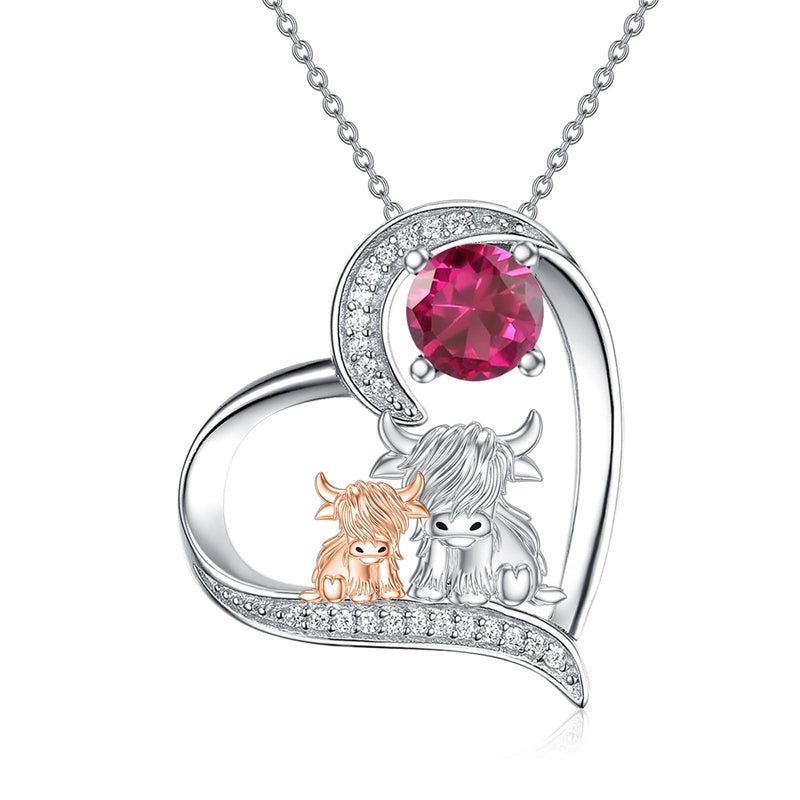 Sterling Silver Birthstone Two Highland Cow Pendant Necklace