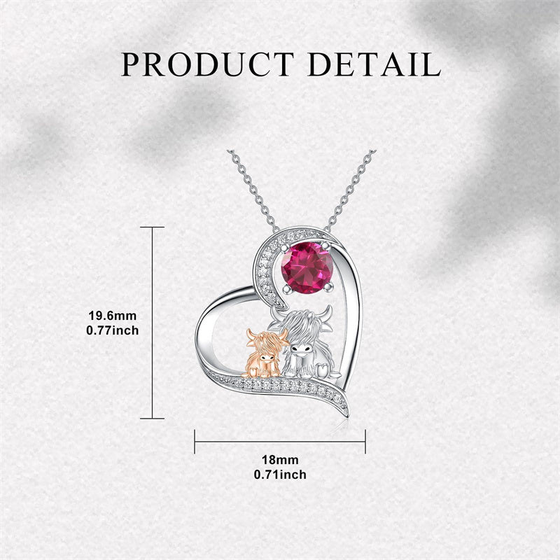 Sterling Silver Birthstone Two Highland Cow Pendant Necklace