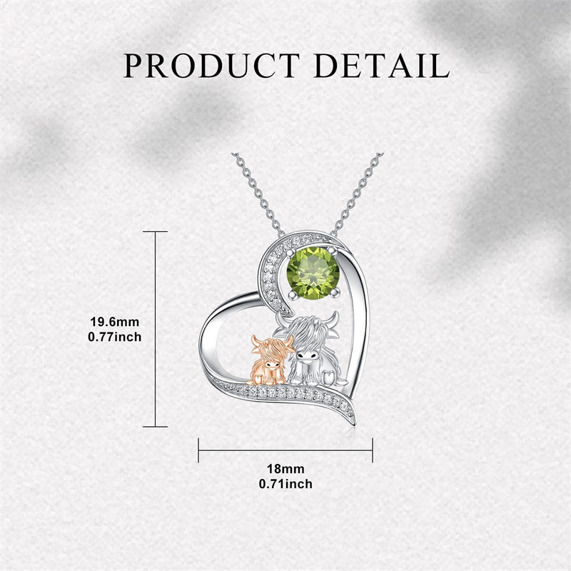 Sterling Silver Birthstone Two Highland Cow Pendant Necklace